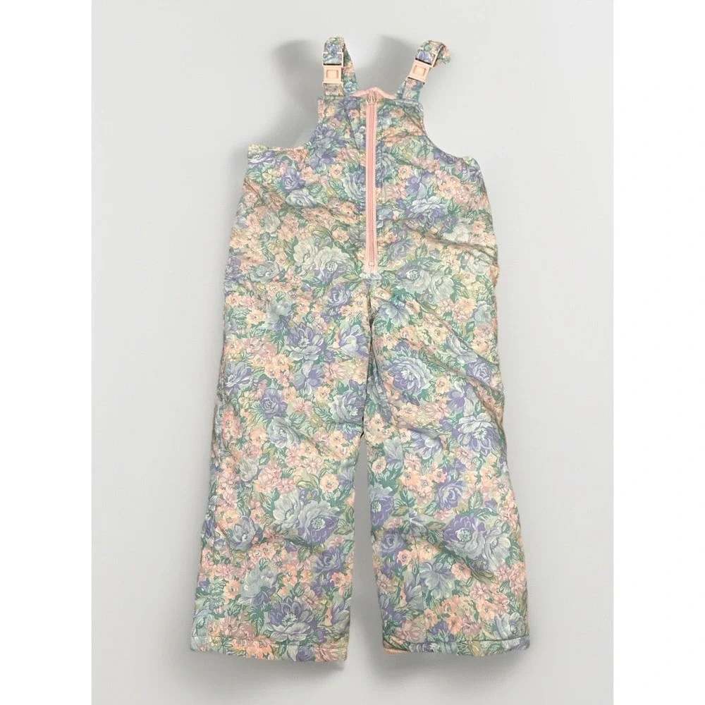 Toddler Girl Vtg Floral Snow Bibs Pants Size M 3 80s 90s Pastel Retro